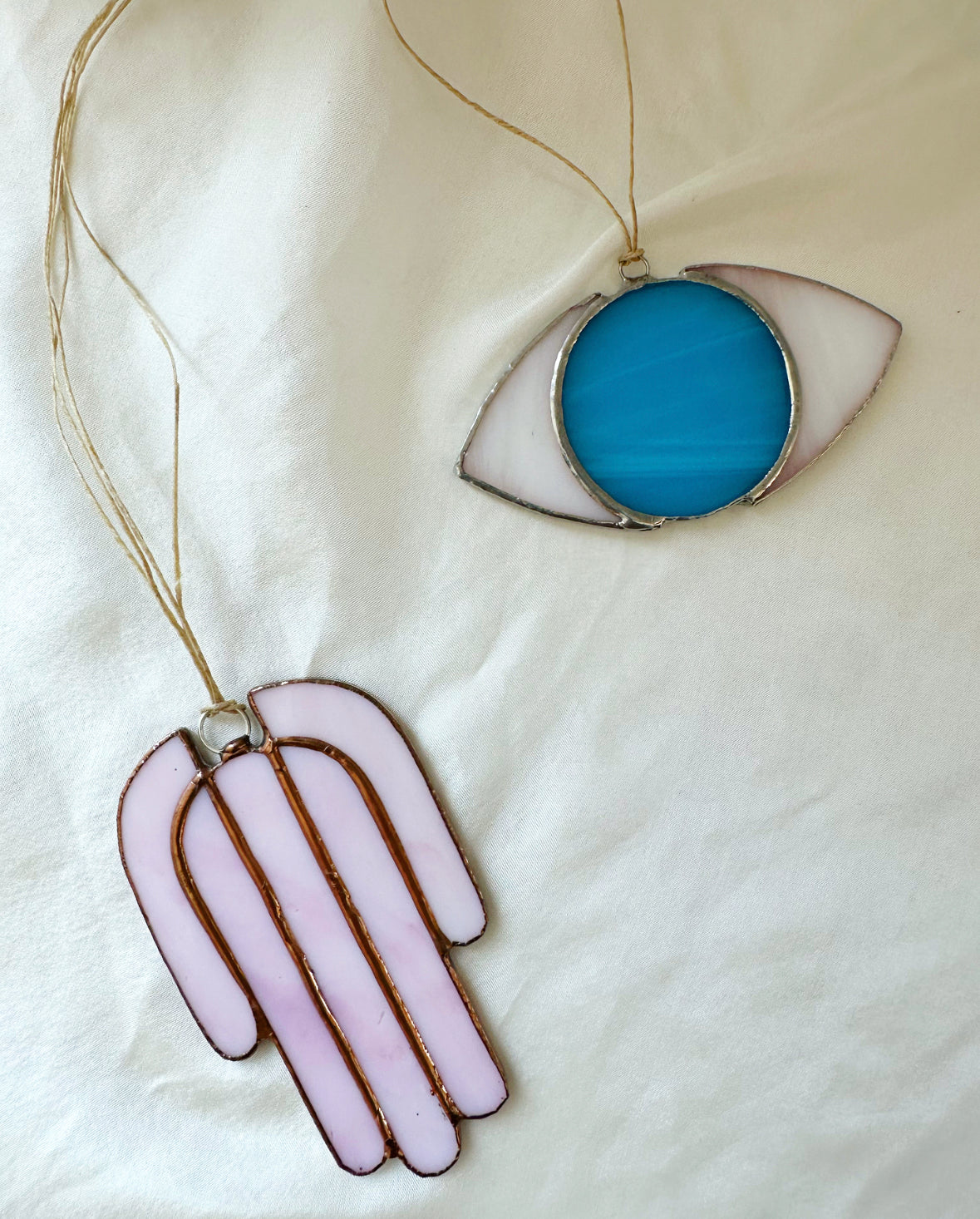 milky pale pink mini hamsa stained glass ornament